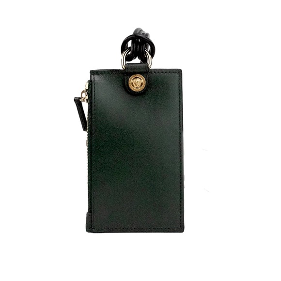 Versace Black Leather Zip Card Case Lanyard Wallet | BRAND NEW NEVER USED - Picture 1 of 2